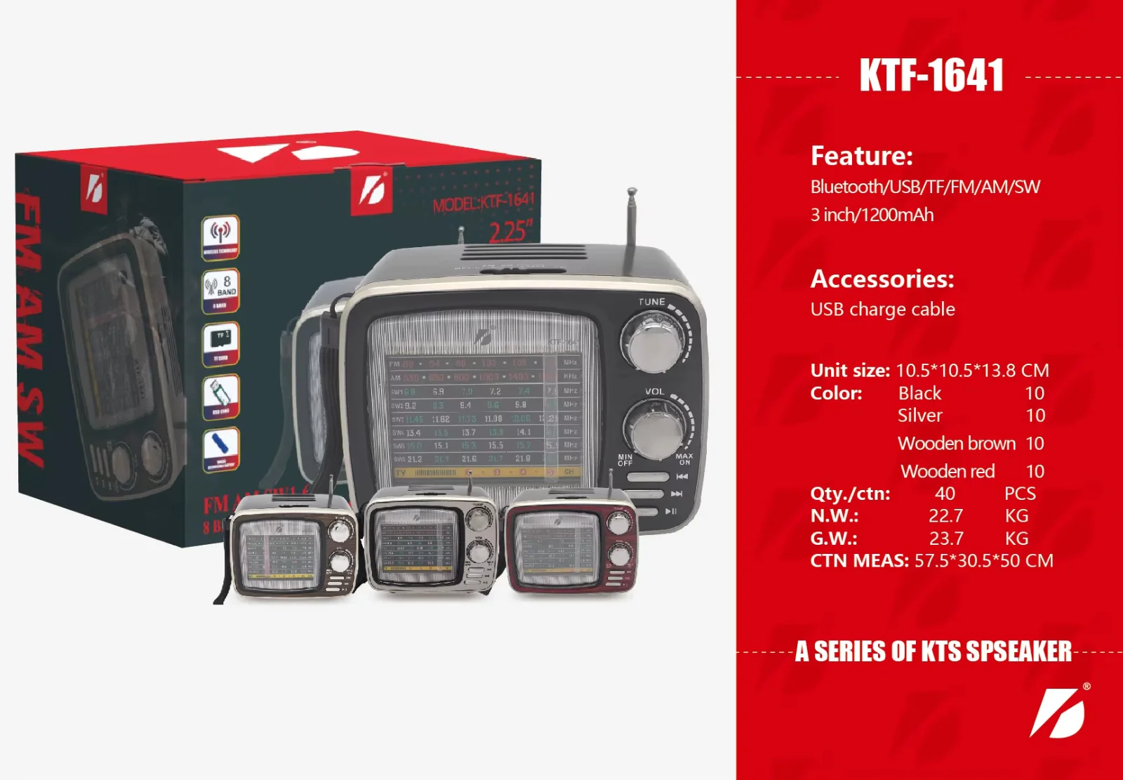 KTF-1641 Retro kablosuz taşınabilir AM FM SW 8 Band BT radyo hoparlör şarj edilebilir çok fonksiyonlu ses Mp3 çalar TF Usb Aux radyo