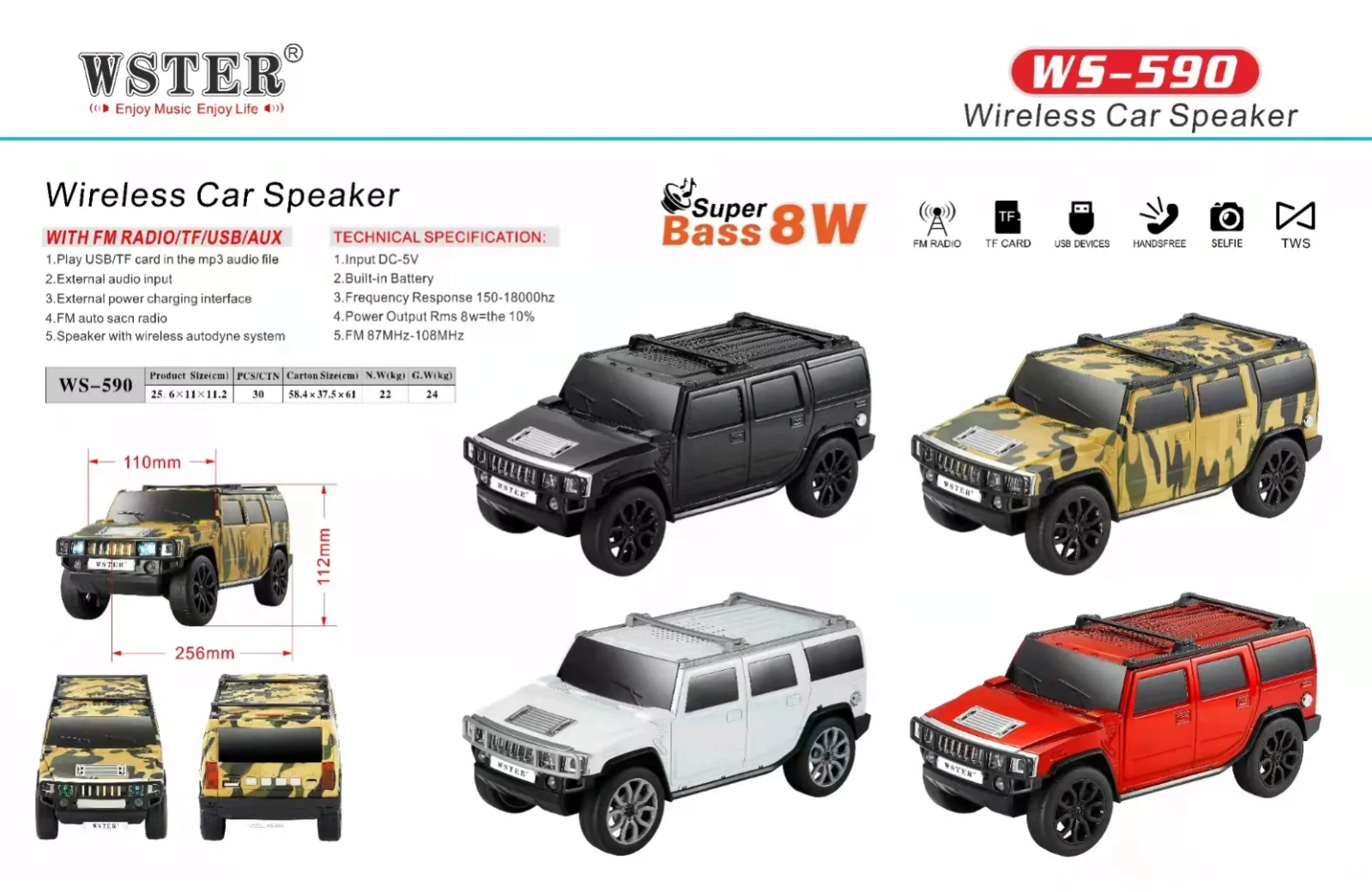 BT hoparlör WS-590 subwoofer kablosuz yüksek sesle ses desteklenen BT TF TM USB TWS hoparlör