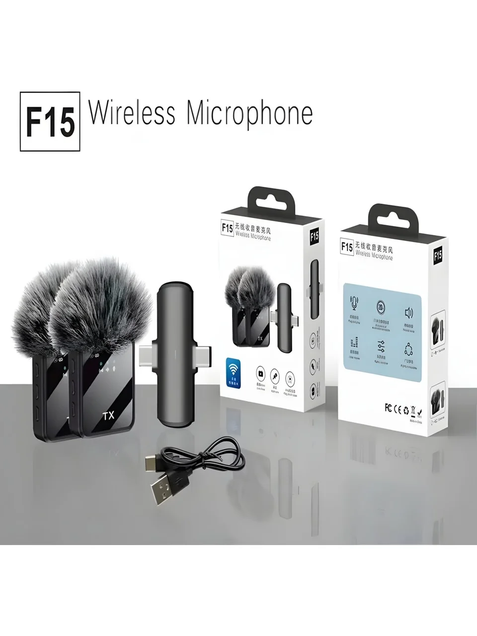 Genel Markalar F15 Profesyonel 2 Lİ Kablosuz Yaka Mikrofonu 2in1 Mikrofon Type-C/Lightning