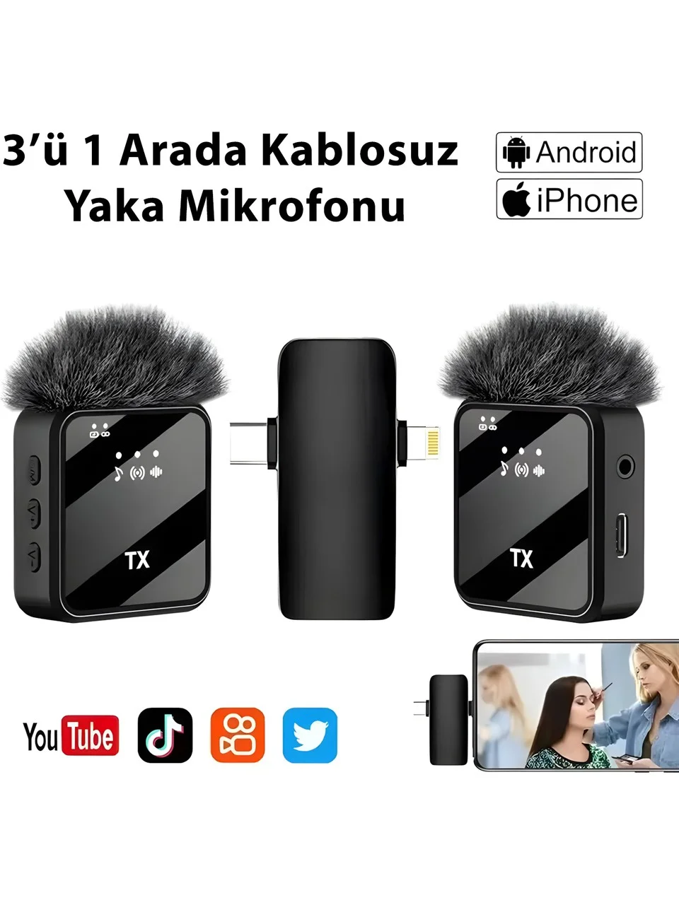 Genel Markalar F15 Profesyonel 2 Lİ Kablosuz Yaka Mikrofonu 2in1 Mikrofon Type-C/Lightning